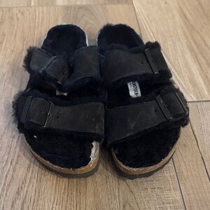 Fuzzy Black Birkenstocks Size W7 / M5